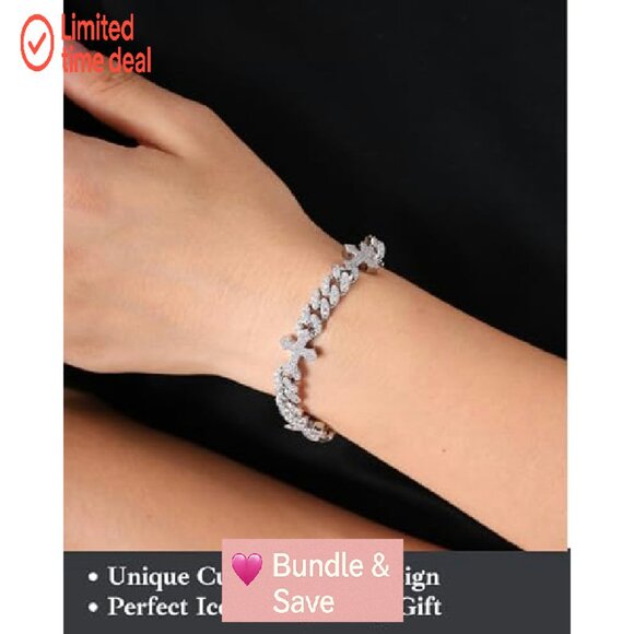 9mm Cross Cuban Link Bracelet White Gold Plated Cubic Zirconia Unisex - Picture 5 of 7